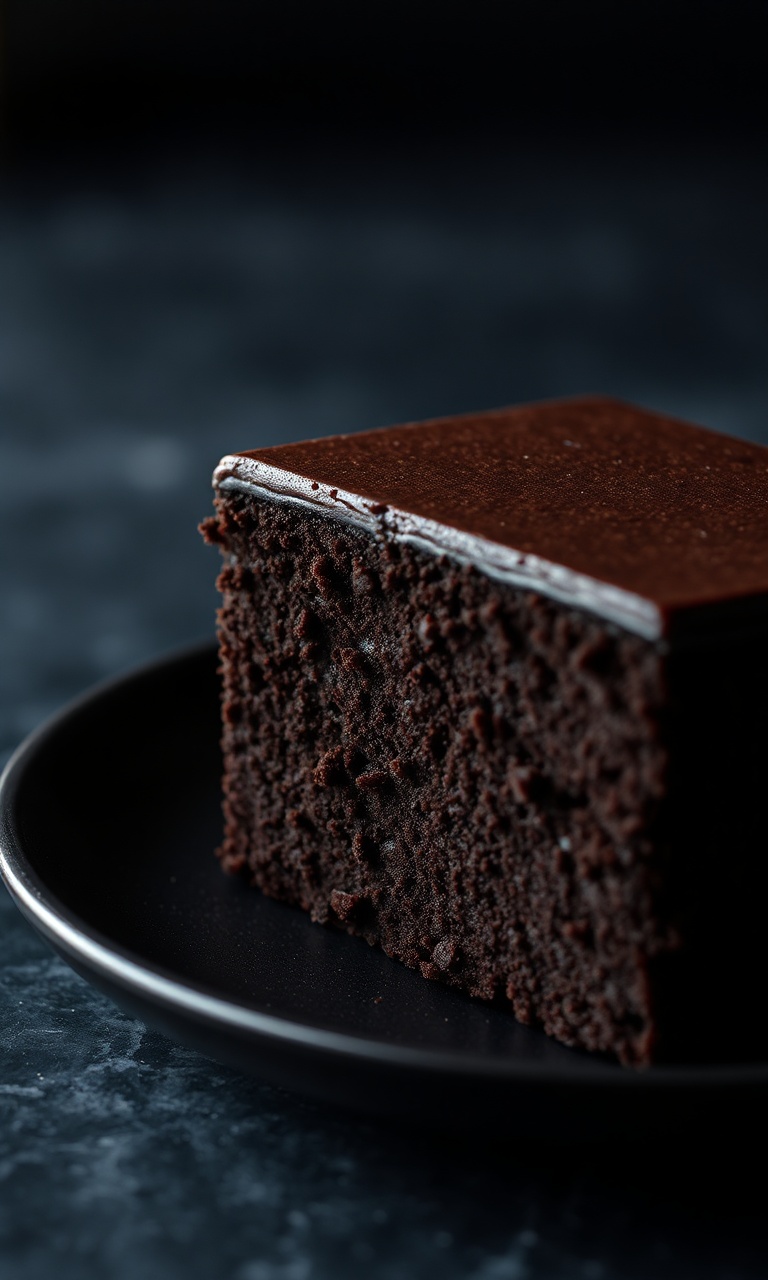Fatia generosa de bolo negro de chocolate com textura densa e úmida