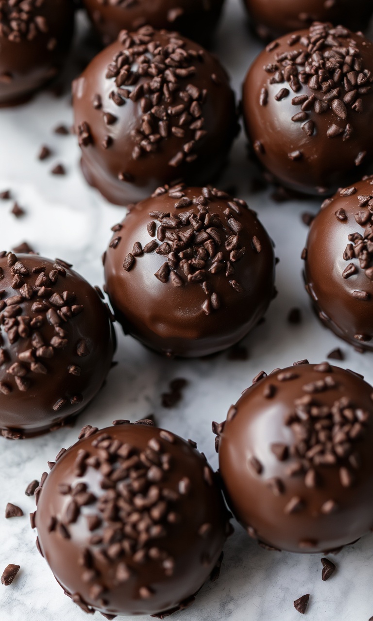 Fileiras de brigadeiros gourmet brilhantes cobertos com confeitos nobres
