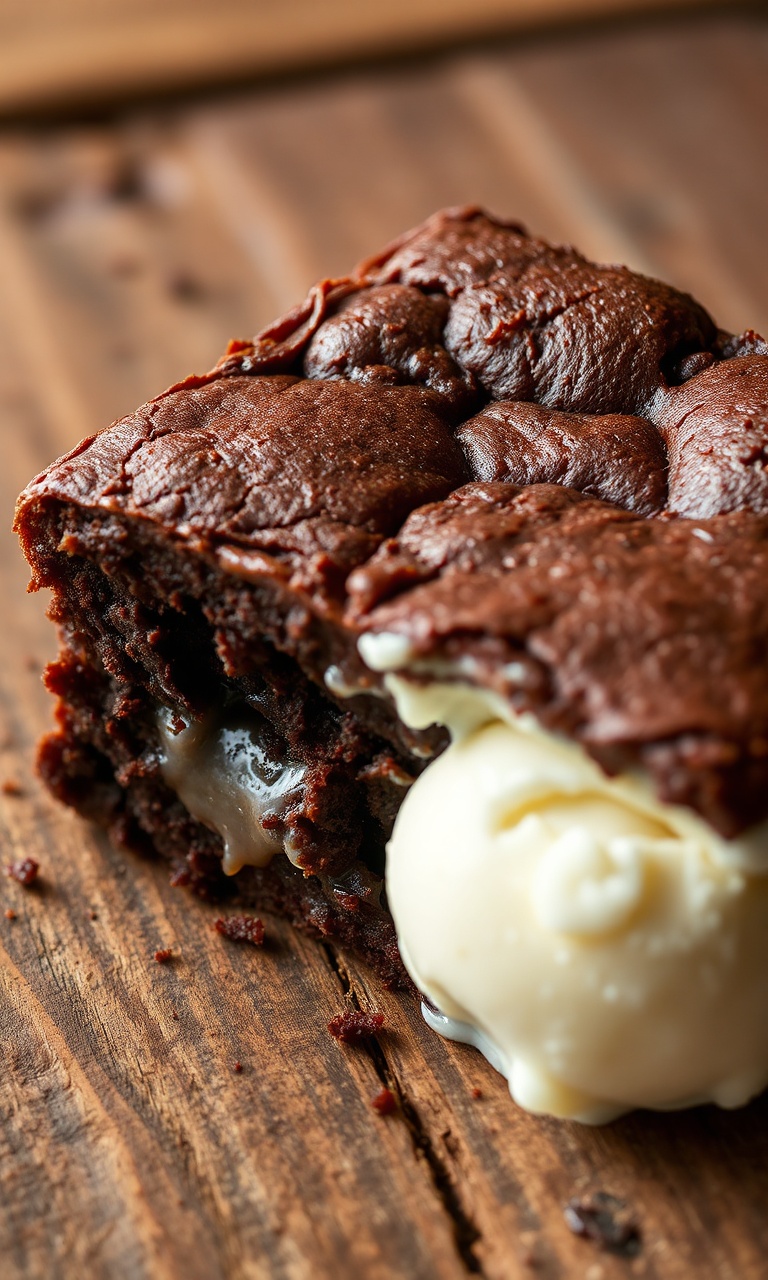 Fatia generosa de brownie denso com superfície craquelada e interior cremoso, servida com sorvete de baunilha