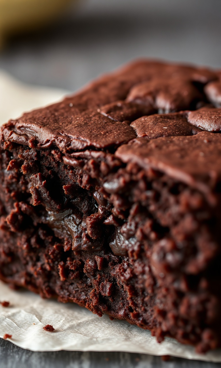 Brownie de chocolate intenso com superfície craquelada e interior denso