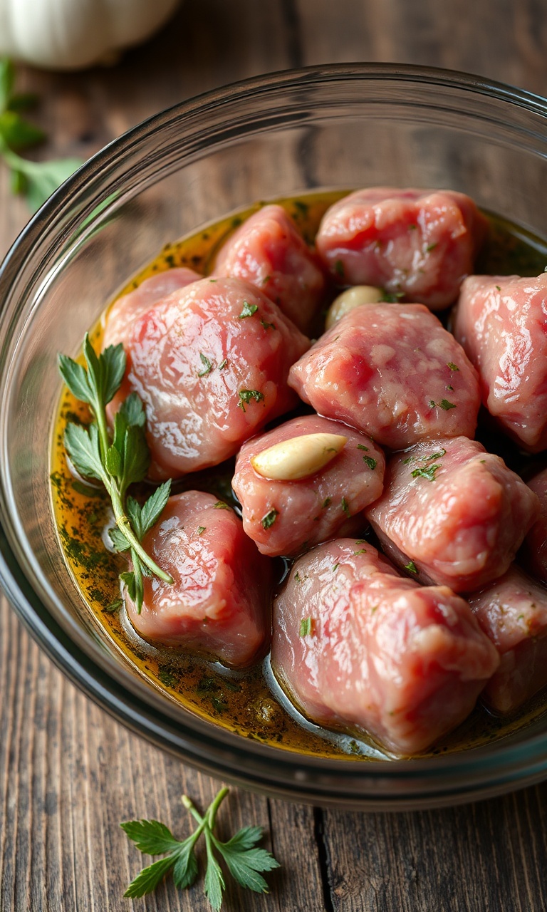 Pedaços de carne em marinada com cachaça, alho e ervas