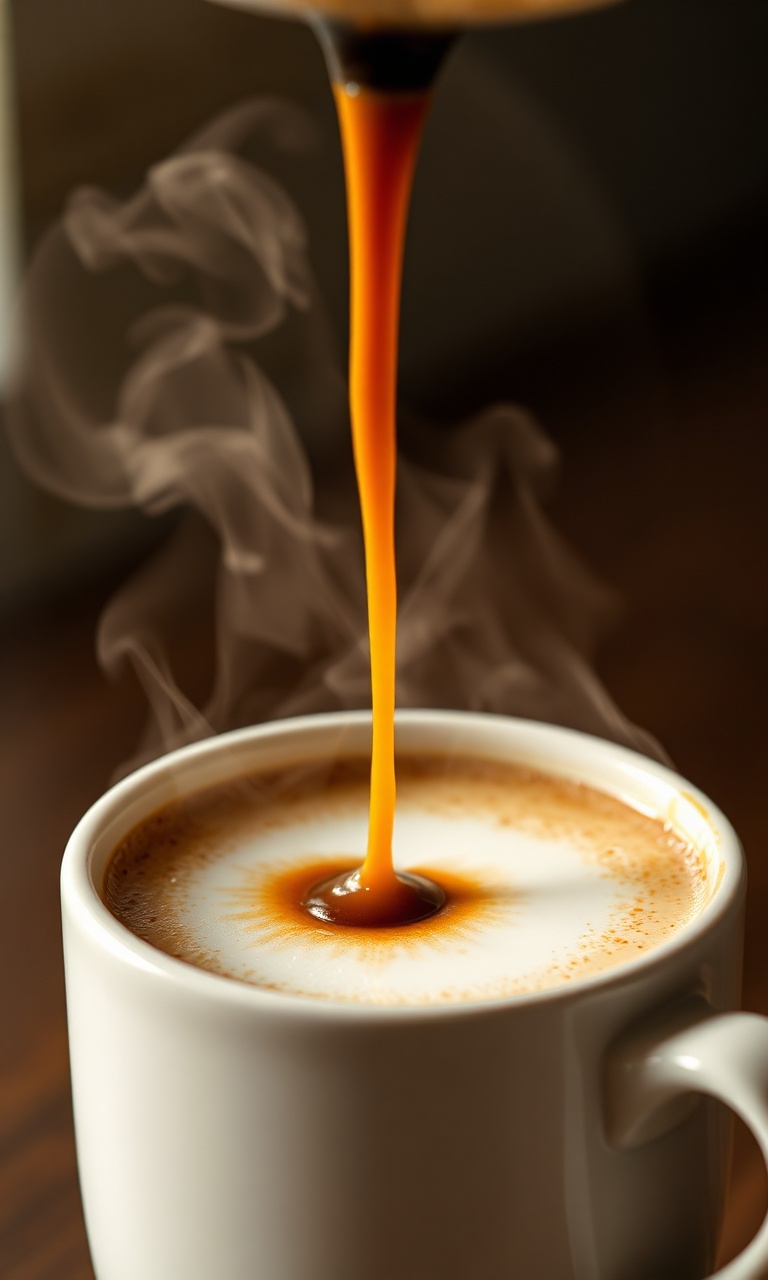 Creme de café denso e brilhante repousando sobre leite quente em uma xícara de cerâmica