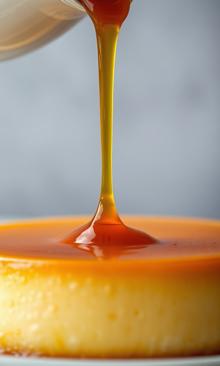 Calda de caramelo cor âmbar vertendo sobre um pudim perfeito