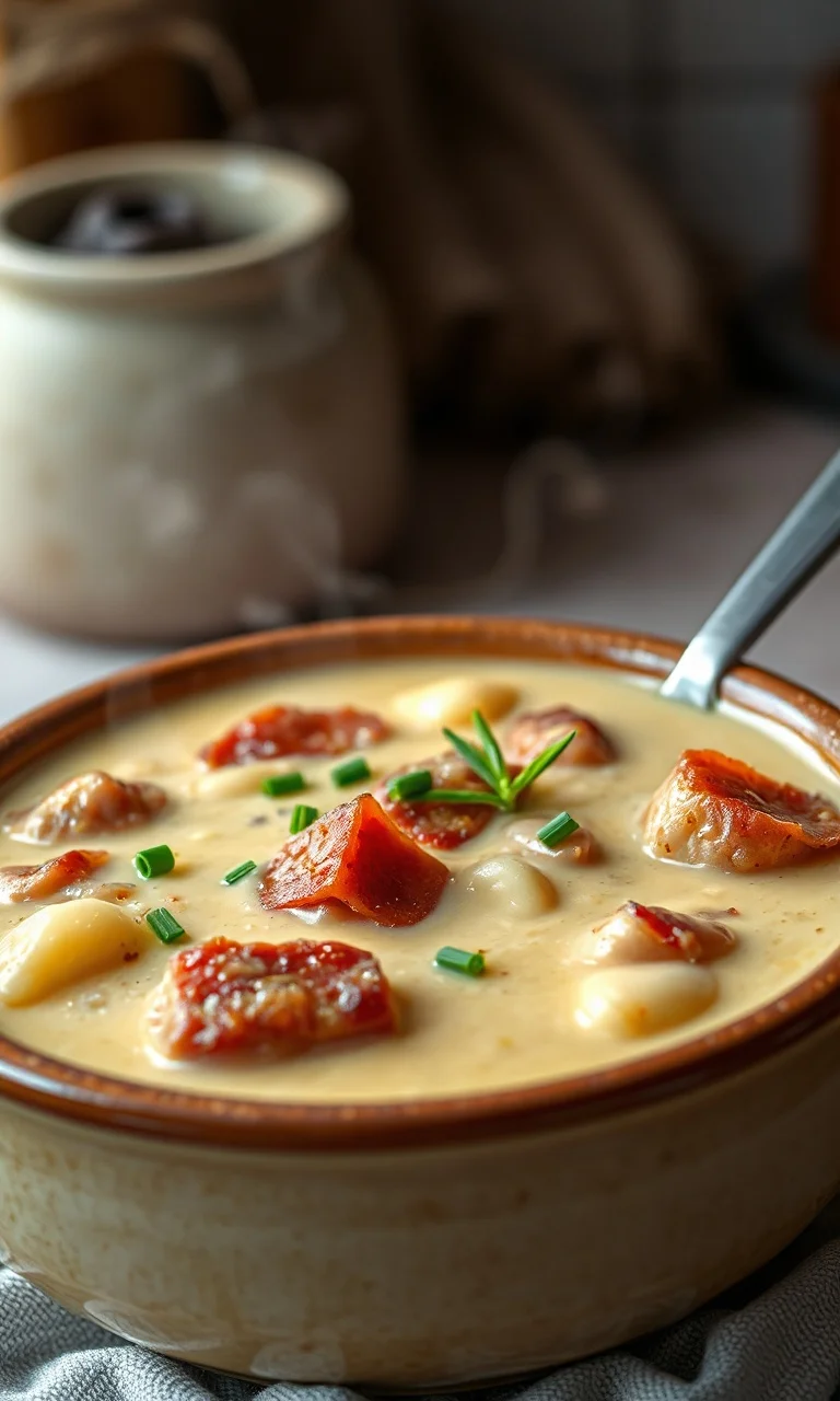 Um caldo espesso e aveludado de mandioca com bacon dourado e linguiça, finalizado com cebolinha fresca.