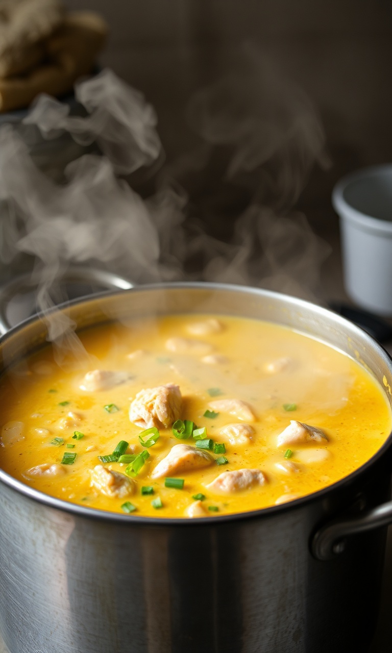 Caldeirão industrial servindo caldo de frango com mandioca