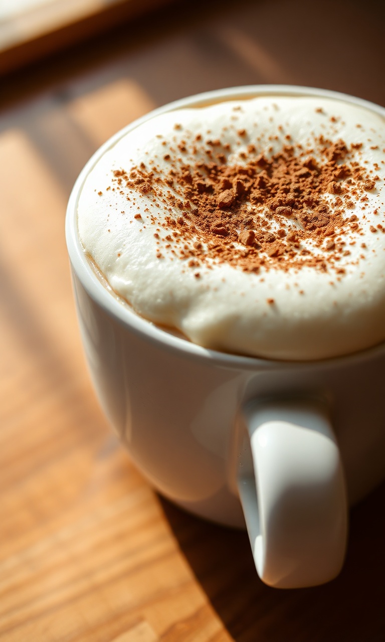 Xícara de cappuccino cremoso com espuma densa, polvilhado com canela e chocolate, sobre superfície de madeira.