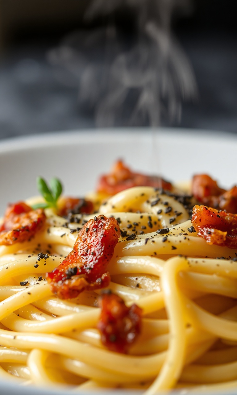 Prato de espaguete envolto em molho de ovo cremoso e brilhante com bacon