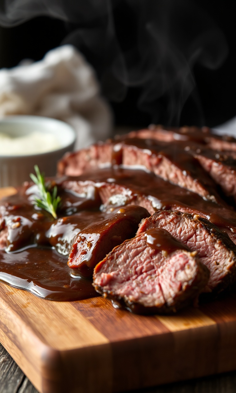 Peça de carne assada fatiada com molho denso