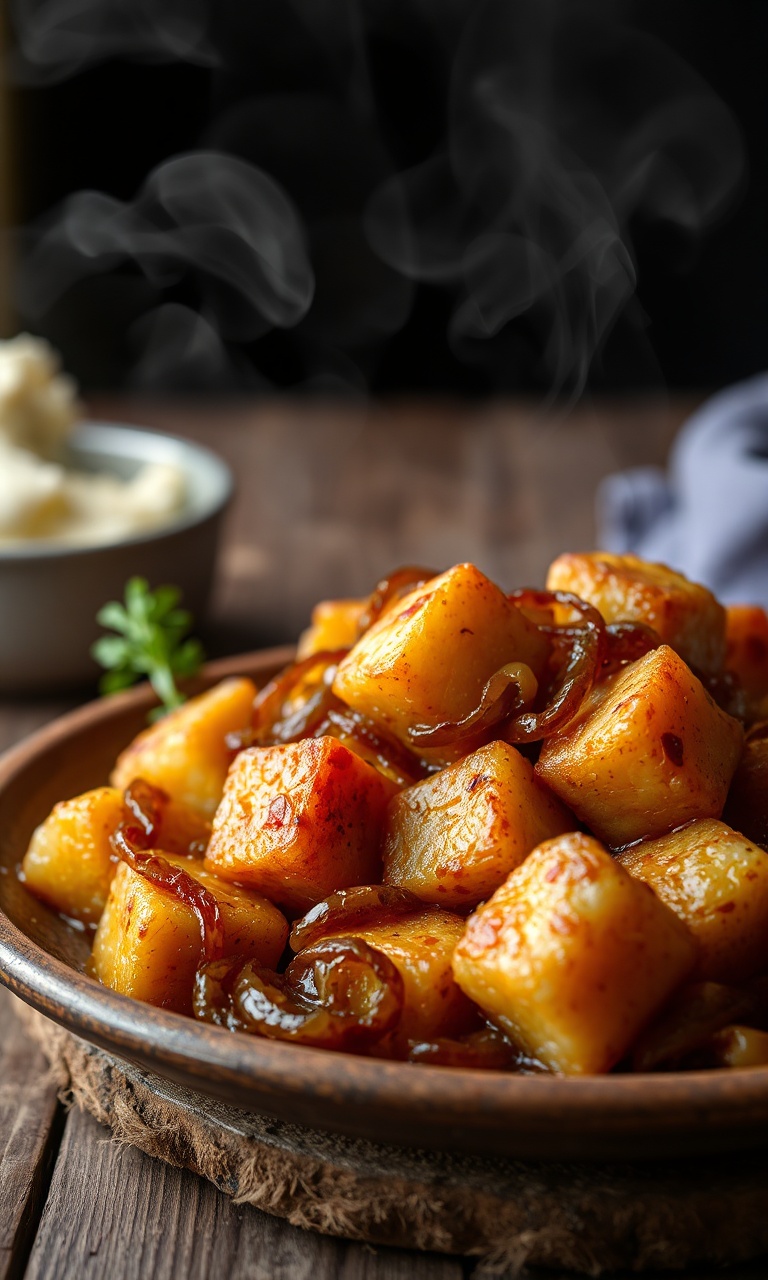 Cubos de charque dourados e crocantes com cebolas caramelizadas em um prato rústico