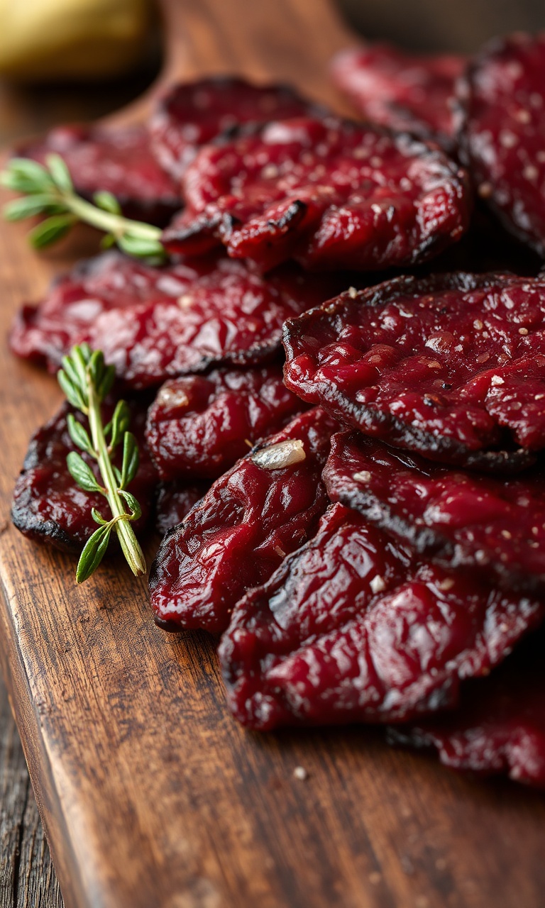 Fatias de carne de jabá caseira com cor avermelhada escura e textura firme.