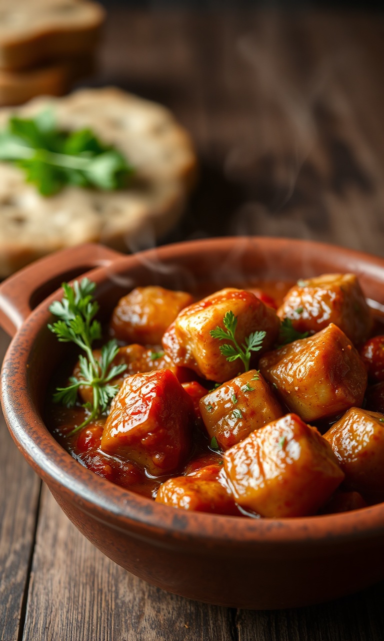Cubos dourados de carne de jaba com legumes e molho rústico de tomate, servidos em um prato de barro.