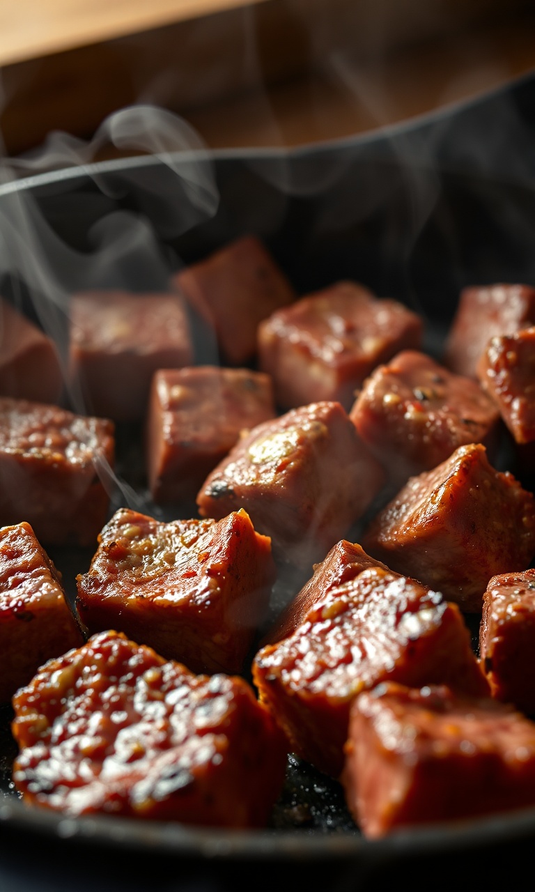 Cubos de carne de panela dourados e com crosta perfeita em uma panela de ferro.