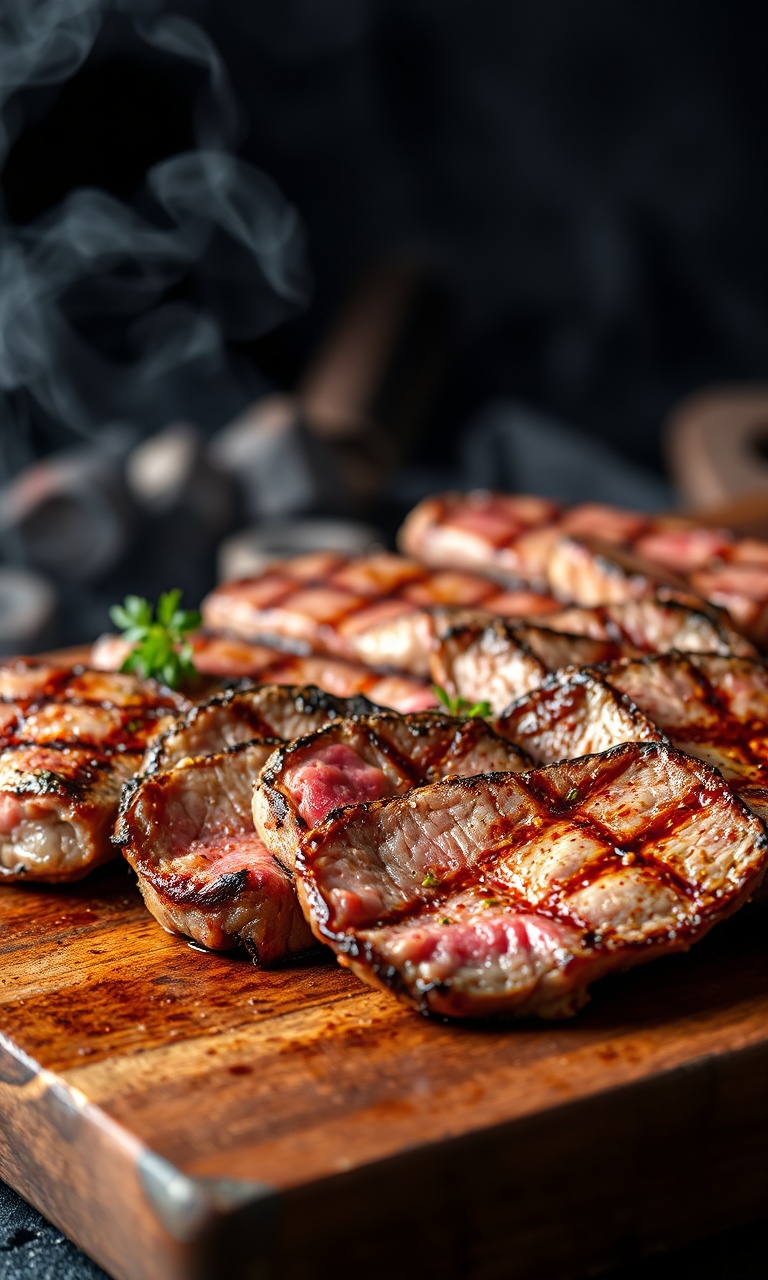 Fatias suculentas de carne de segunda com crosta dourada e especiarias servidas em tábua rústica