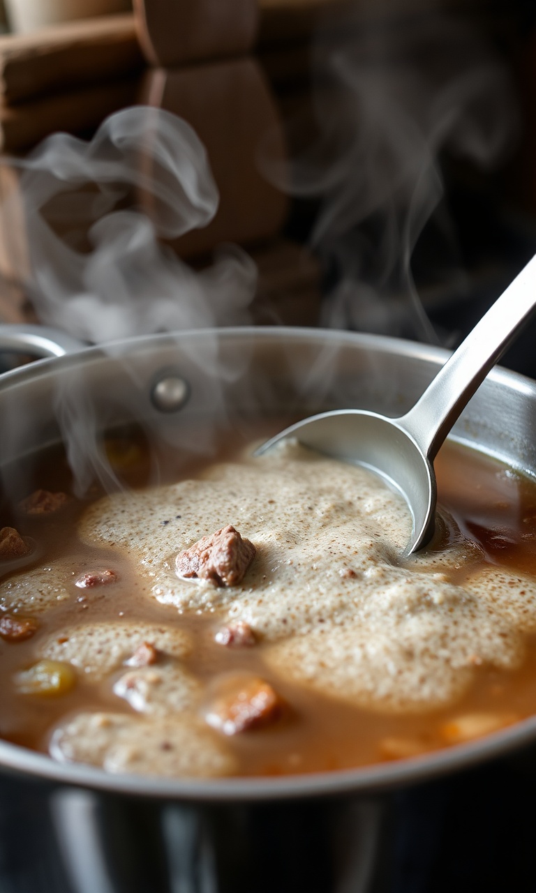 Panela com caldo de carne fervendo, espuma sendo removida com escumadeira