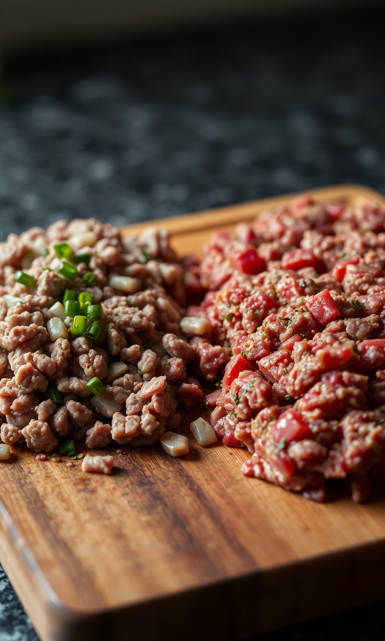 Comparação visual entre carne moída fresca de cor vermelho-vivo e carne moída estragada com aparência acinzentada.