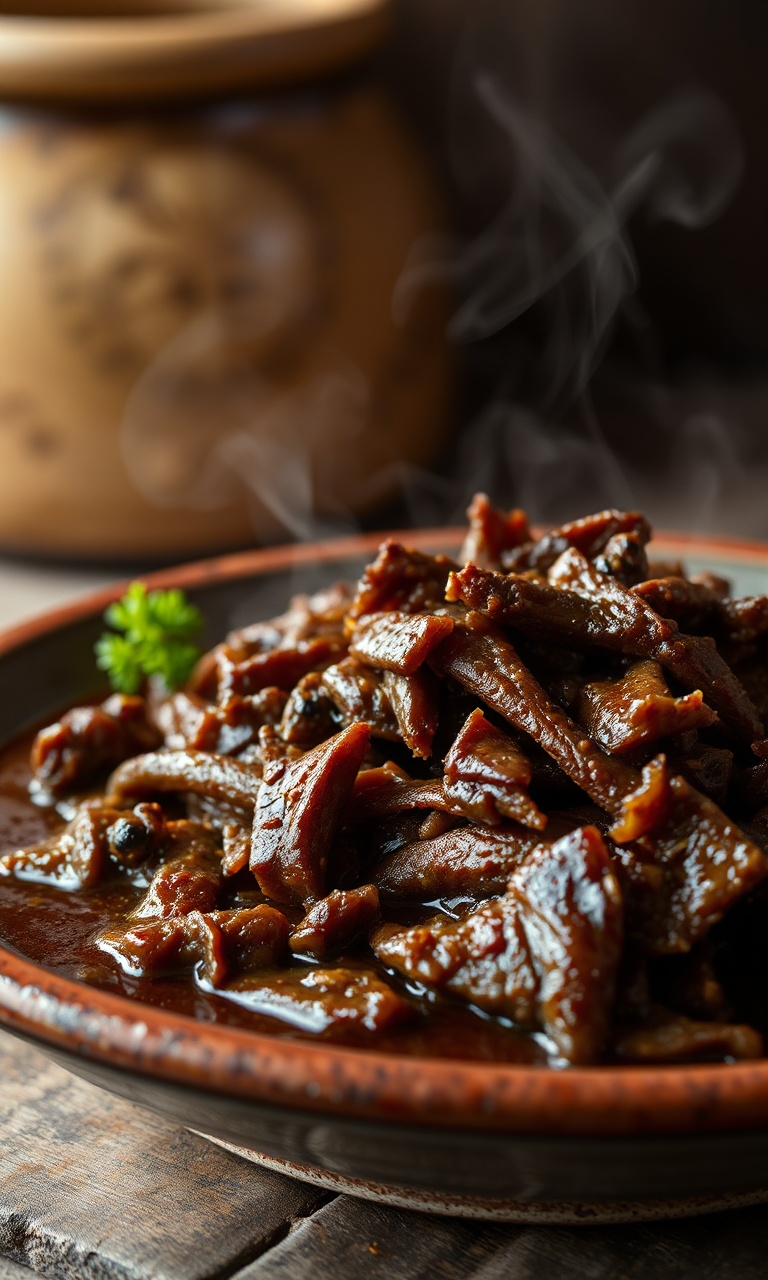 Carne desfiada, macia e coberta por um molho escuro e brilhante, servida em um prato de cerâmica rústico.