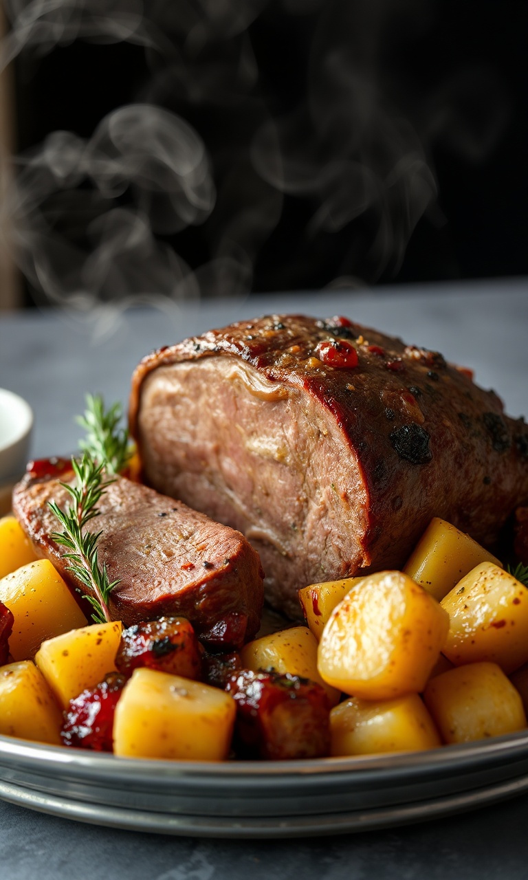 Travessa grande com carne de panela suculenta e batatas