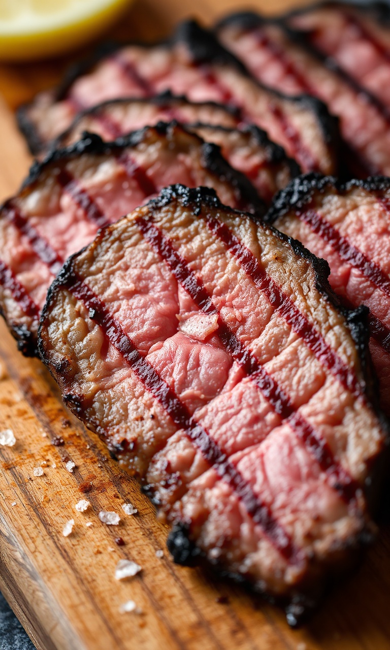 Fatias de carne grelhada com interior rosado e suculento