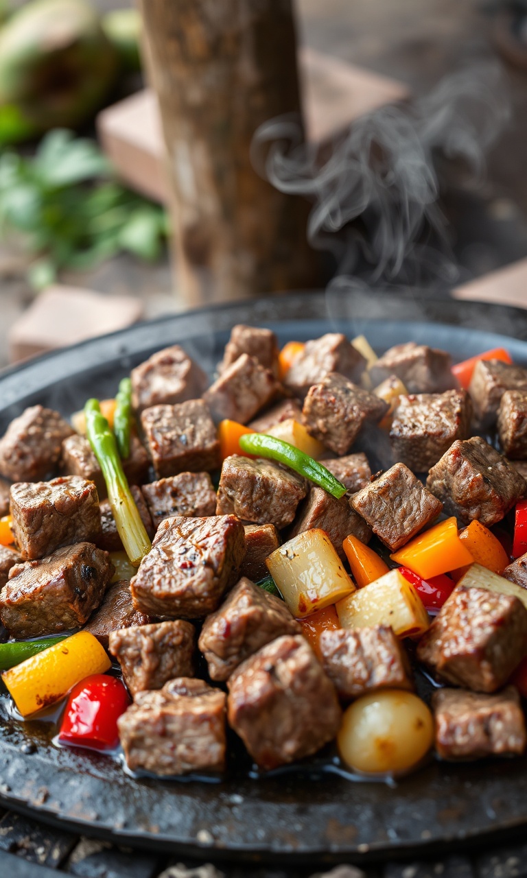 Carne em cubos suculenta com vegetais coloridos servida no disco rústico