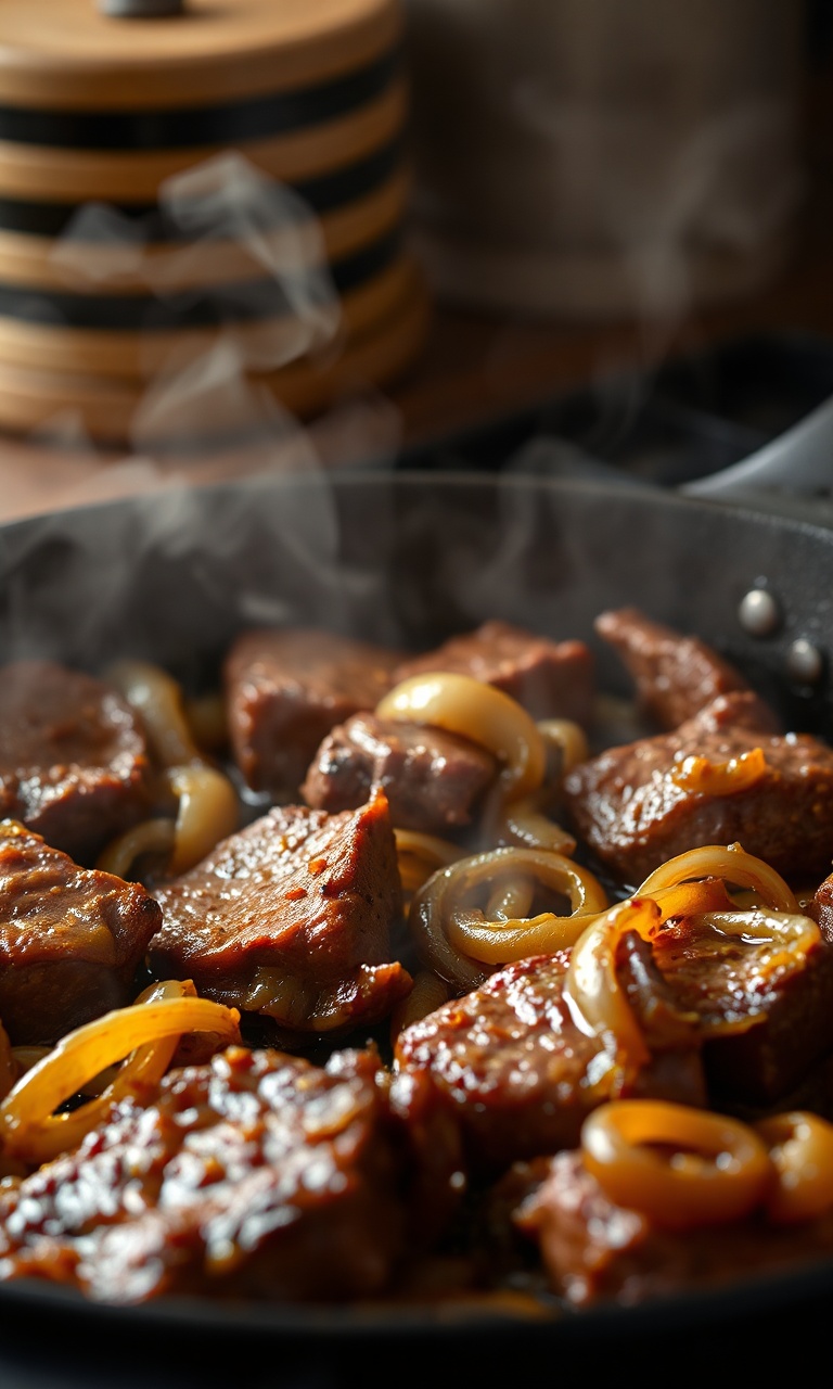 Tiras douradas de alcatra macia em uma frigideira de ferro, com cebolas caramelizadas ao lado.