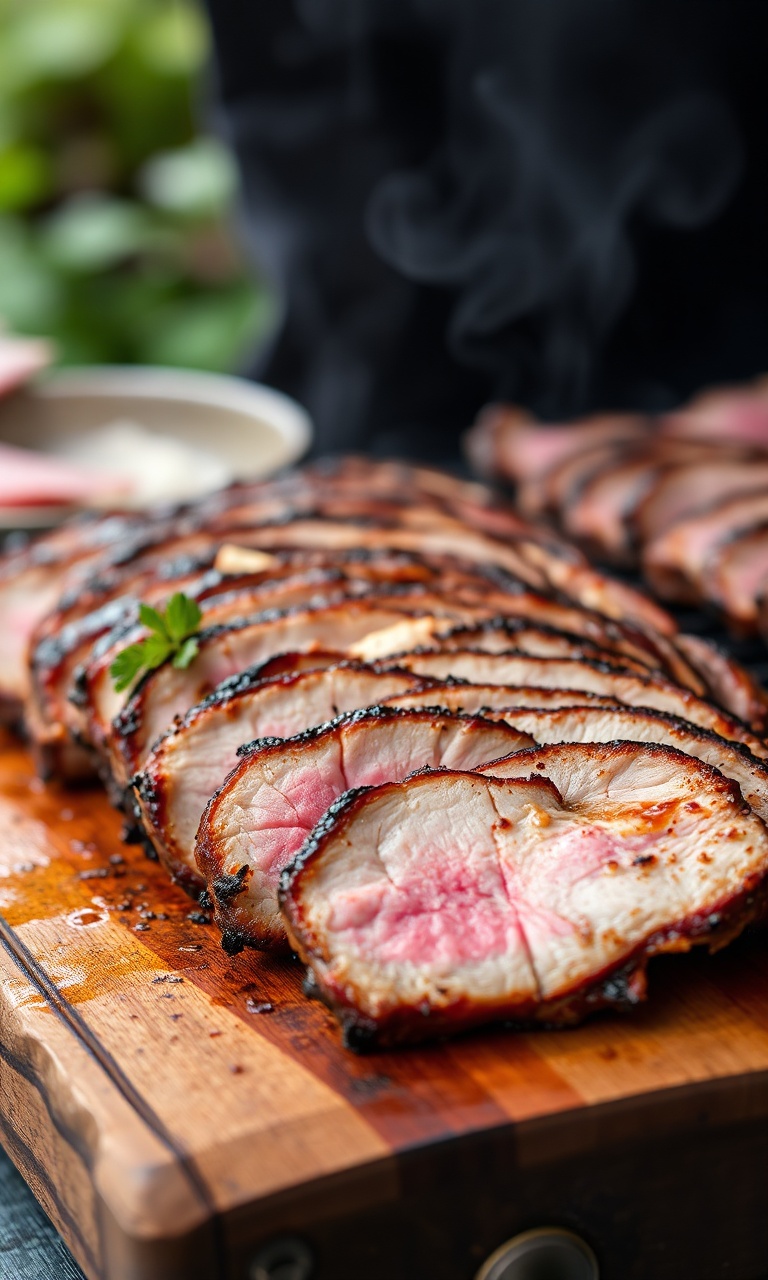 Fatias generosas de picanha suína assada na grelha, com a gordura dourada e caramelizada e o interior rosado e suculento.