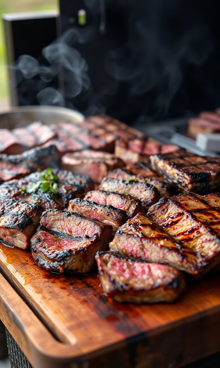 Vista apetitosa de um churrasco com diversos cortes de carne alternativos, como fraldinha, costela e maminha, perfeitamente grelhados, servidos em uma tábua de madeira rústica.