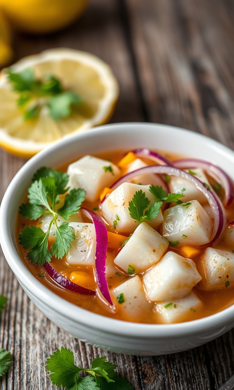 Ceviche vibrante em prato de cerâmica branca com cubos de peixe, cebola roxa, pimentão amarelo e coentro.