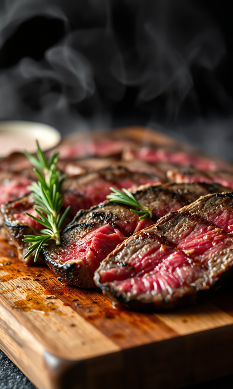 Fatias de carne assada na brasa com brilho de suculência e ramos de alecrim