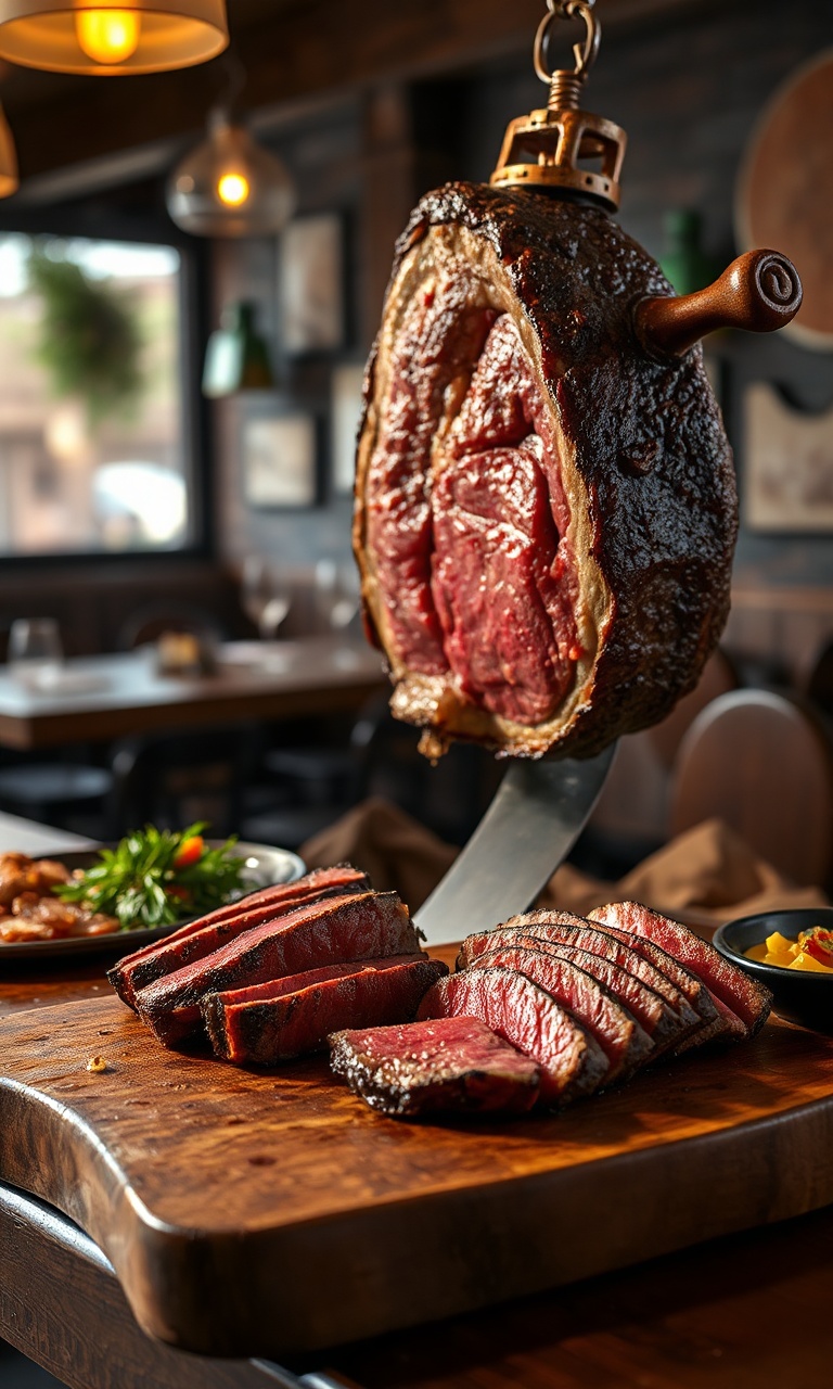 Composição de fatias de carne na grelha e peça inteira no espeto.