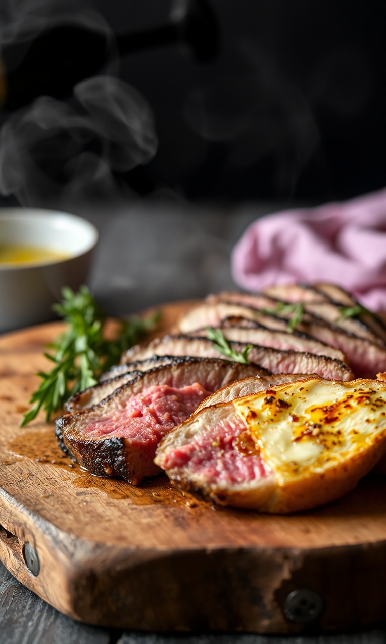 Tábua rústica com cortes de carne grelhada e pão de alho