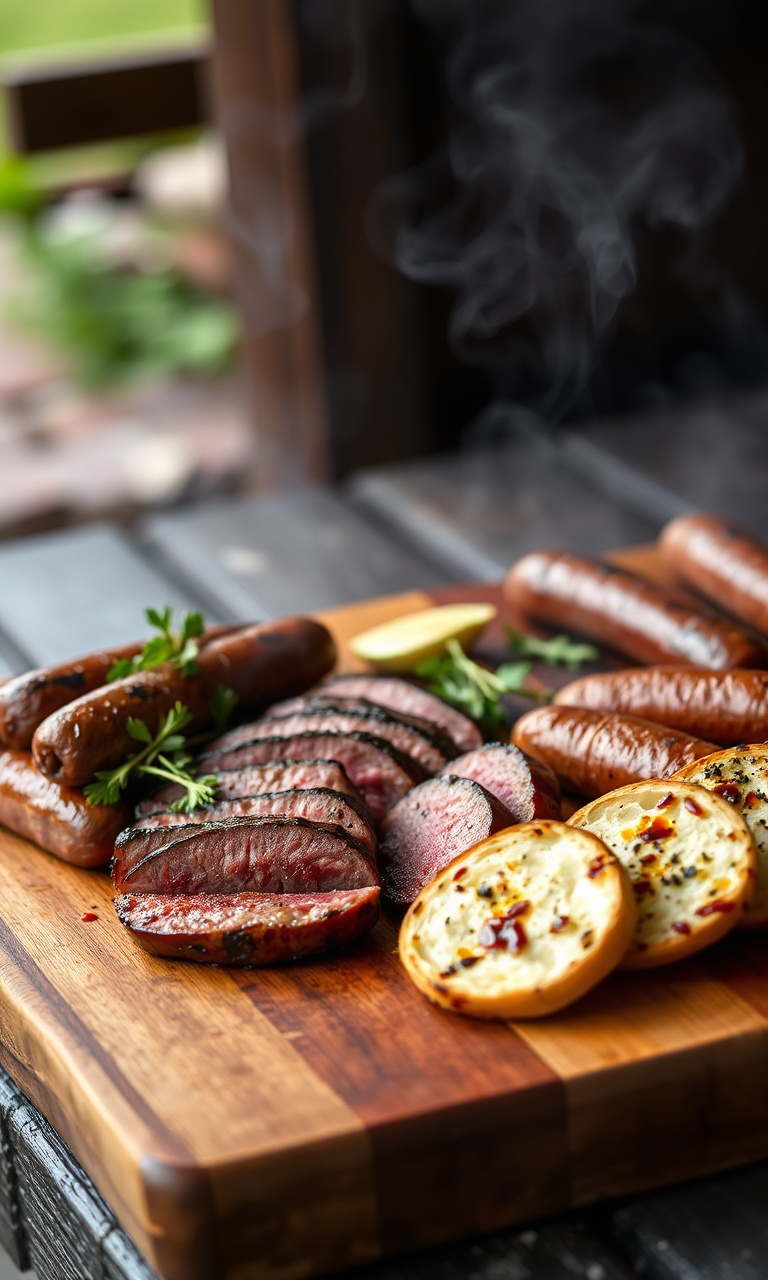 Tábua farta com diversos cortes de carne, linguiça e pão de alho