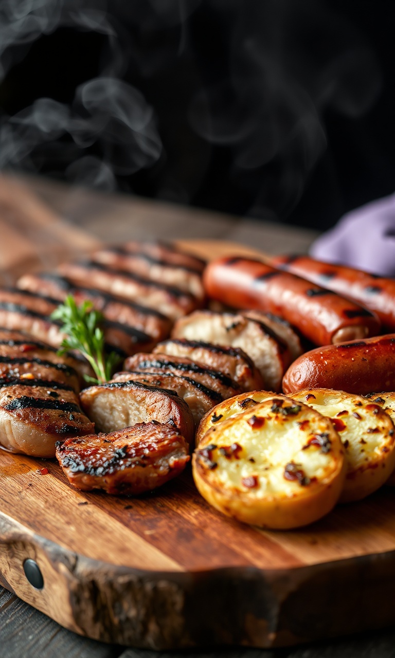 Tábua rústica com carnes fatiadas e pão de alho
