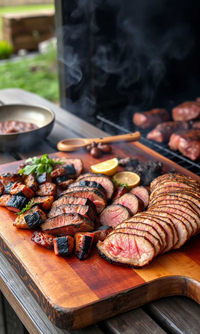 Tábua rústica com diversos cortes de carne fatiados e suculentos