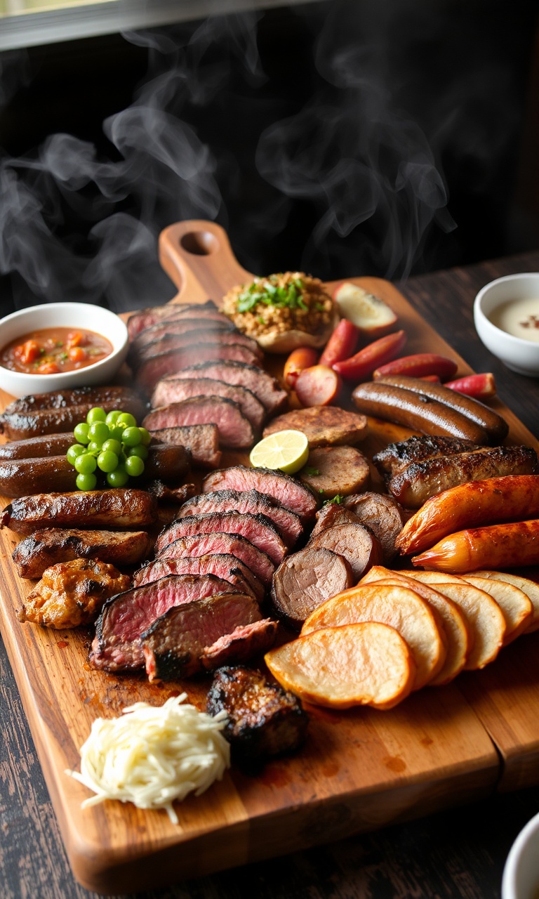 Tábua rústica com diversos cortes de carne fatiados e acompanhamentos