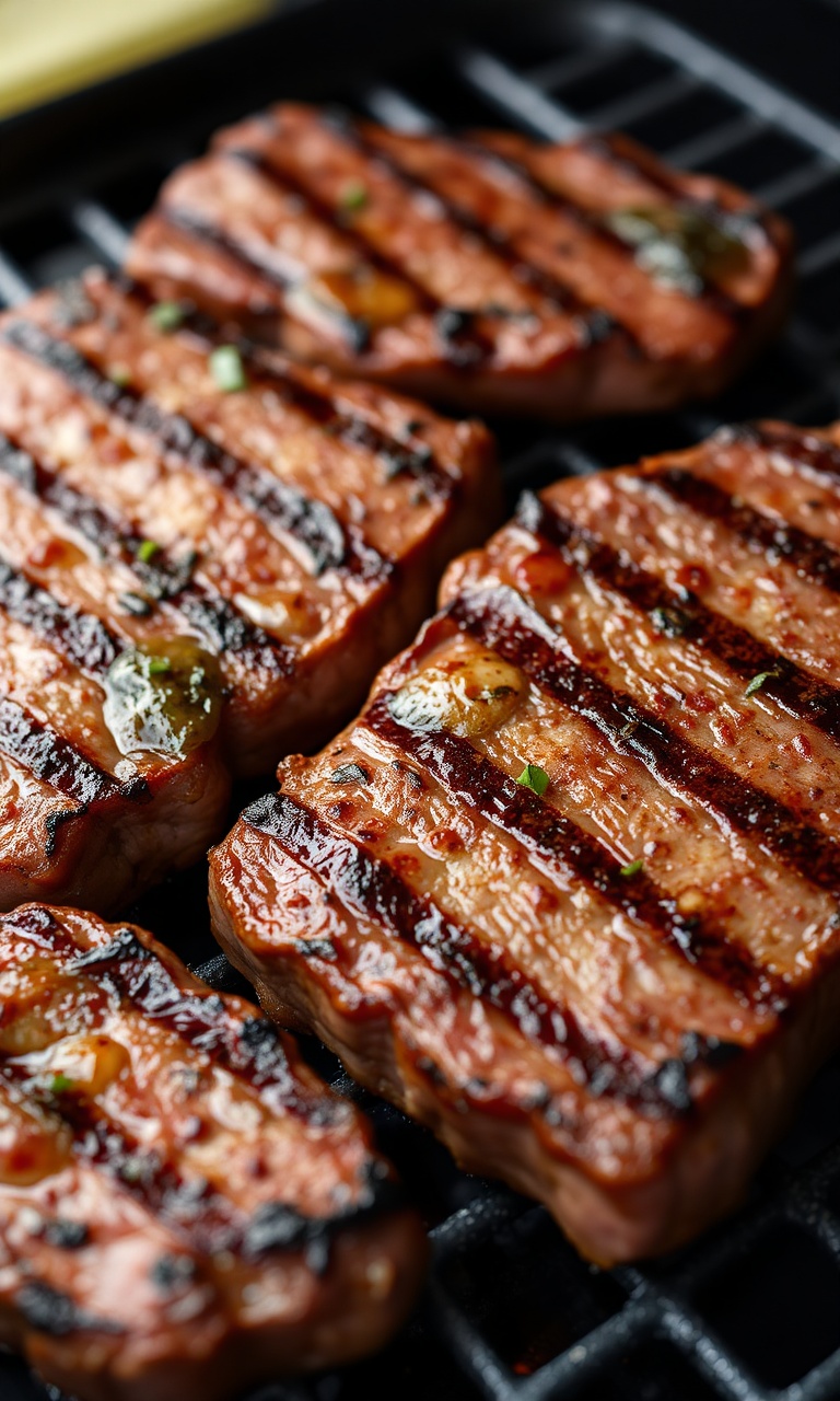 Bifes de picanha suculentos com marca de grelha e gordura dourada