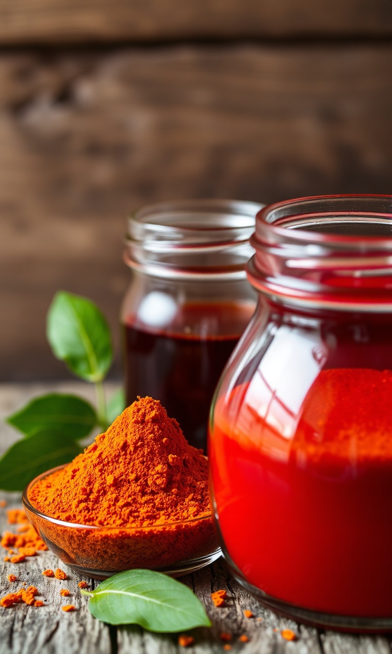 Potes de vidro com pó de colorau laranja e óleo vermelho intenso