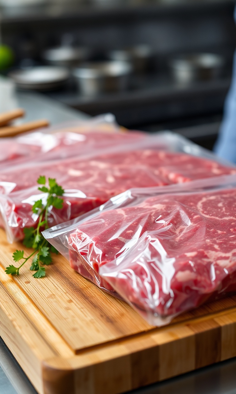Cortes de carne bovina selados a vácuo em uma tábua de madeira.