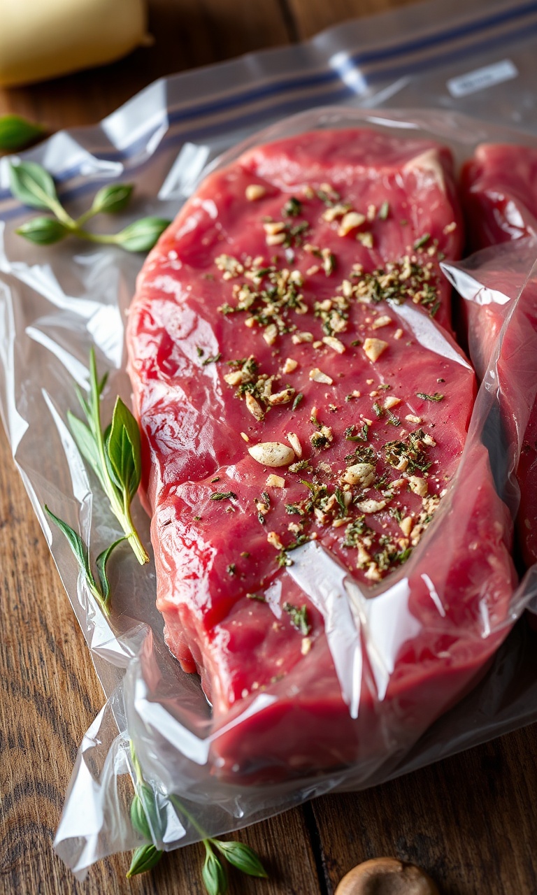 Corte de picanha temperado com alho e sal, selado a vácuo em saco transparente.