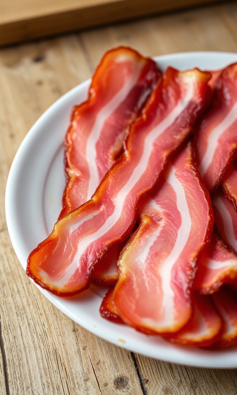 Fatias de bacon com cor rosada uniforme e textura firme, prontas para ir à frigideira.
