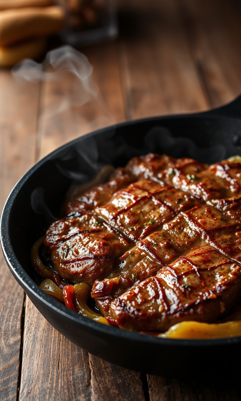 Bifes de filé mignon com crosta dourada perfeita, acompanhados de legumes caramelizados na panela.