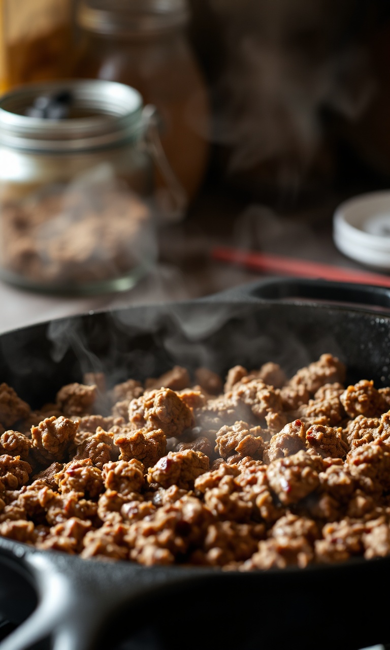 Carne moída refogada perfeitamente dourada em uma panela de ferro.
