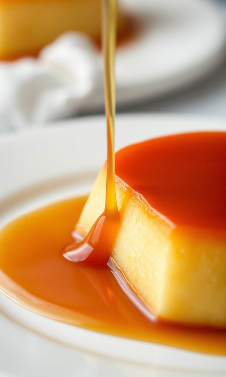 Pudim desenformado com calda de caramelo brilhante