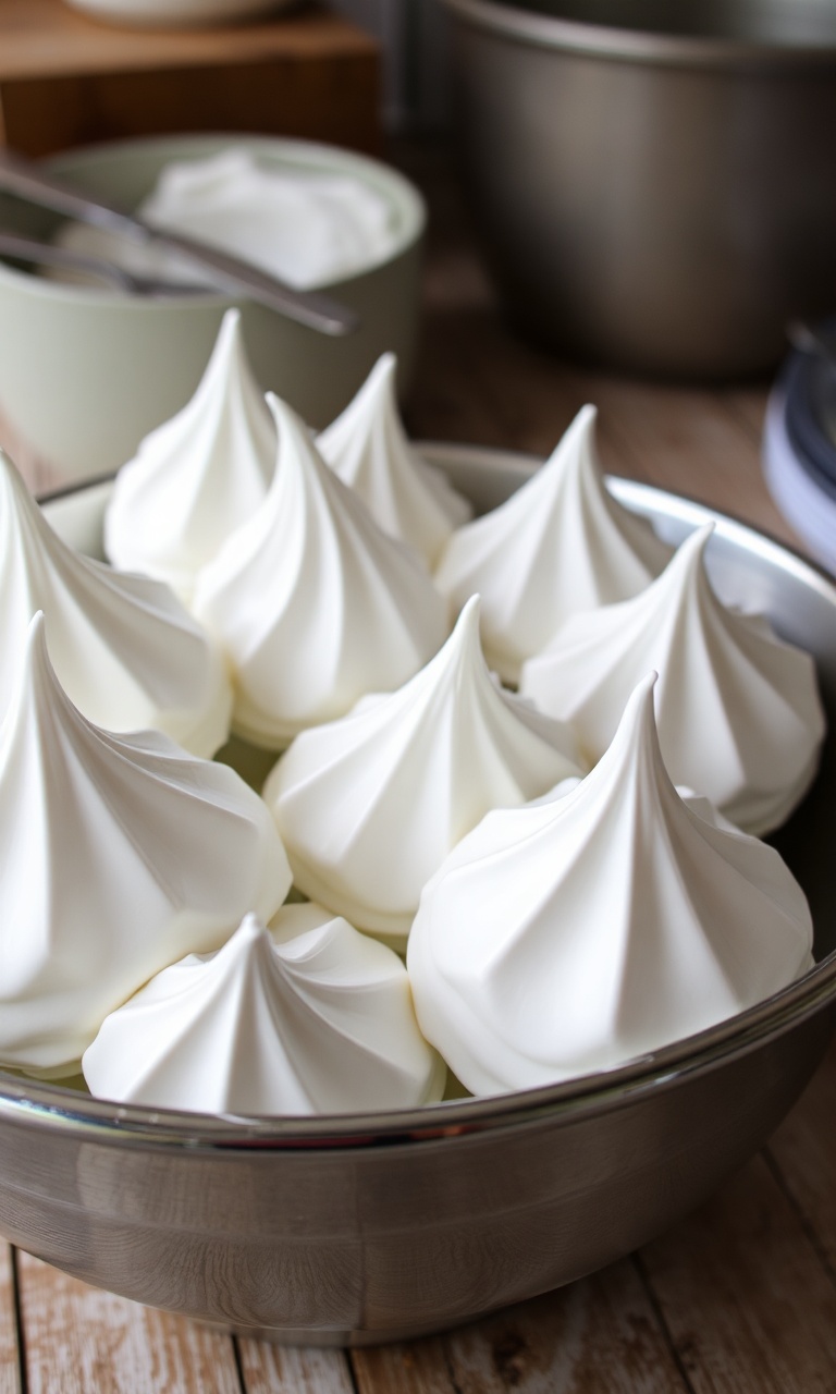Tigela de metal com merengue branco, brilhante e em picos firmes