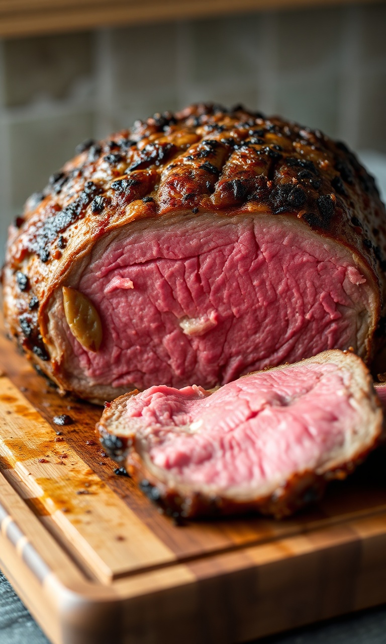 Carne assada com casca dourada e crocante, fatiada sobre tábua de madeira, revelando interior macio e rosado.