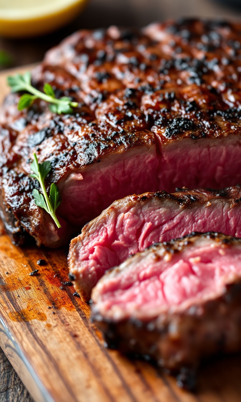 Picanha grelhada com crosta dourada, fatiada sobre tábua de madeira, mostrando interior macio.