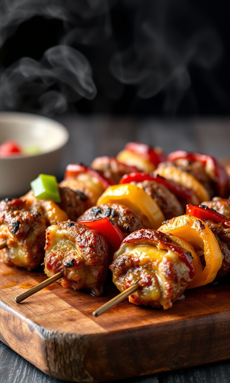 Espetinhos de picanha grelhada com queijo coalho e pimentões sobre tábua rústica.