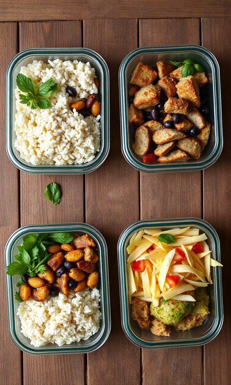Vista de cima de marmitas abertas com porções equilibradas de arroz, feijão, proteína e salada.