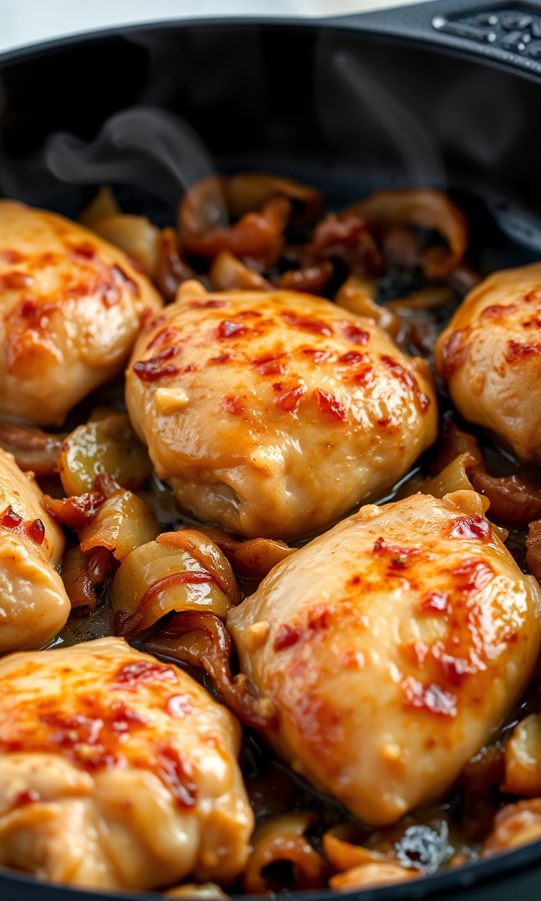 Corações de frango selados com cebolas caramelizadas