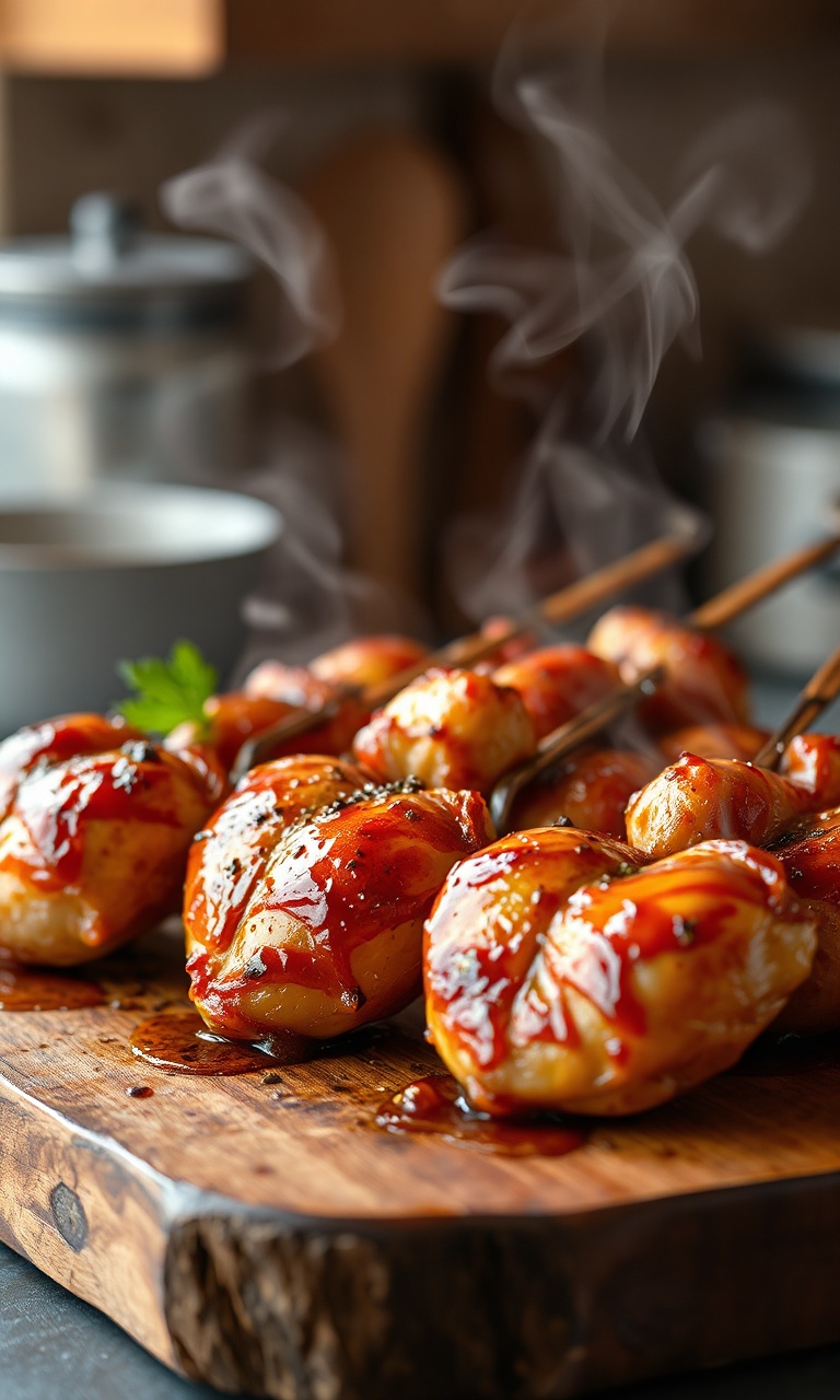 Espetinhos dourados e caramelizados de coração de galinha, prontos para servir como petisco suculento.
