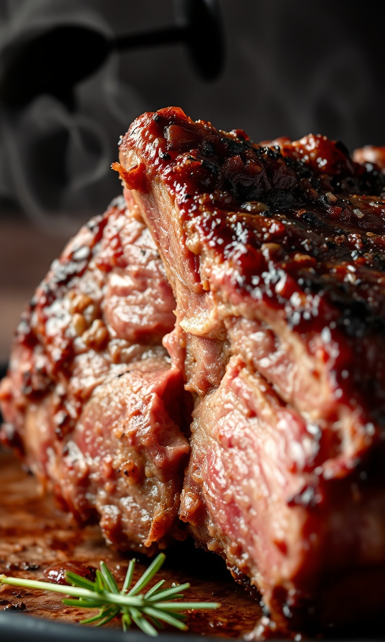 Peça de costela inteira, dourada e suculenta saindo do forno